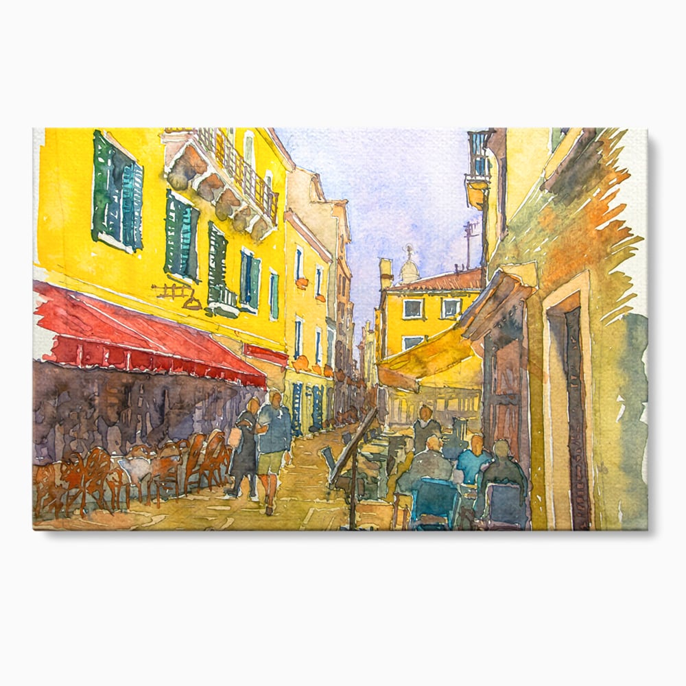 Tablou canvas cu pictura acuarela strada cu terase, fara rama, pe sasiu de lemn